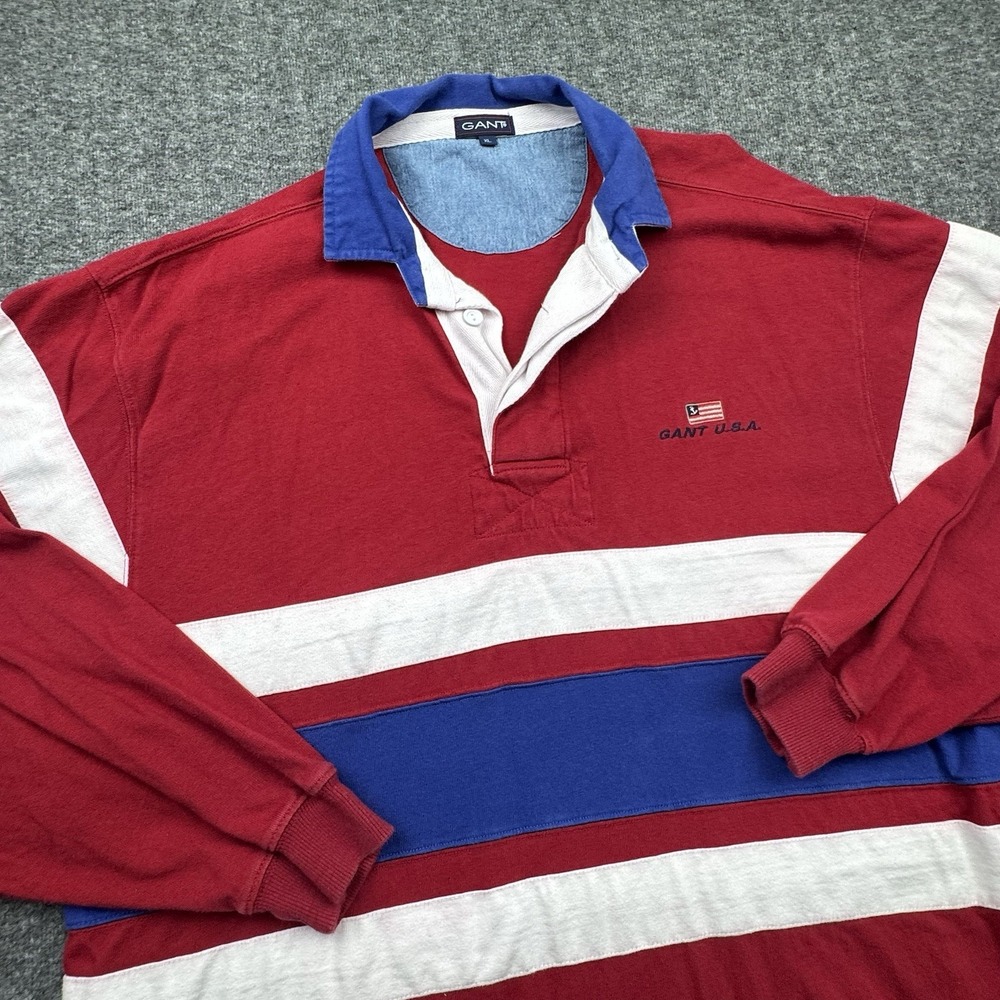 Gant USA Rugby Shirt Long Sleeve Men's XL Ivy Preppy Red White Blue 90s Vtg